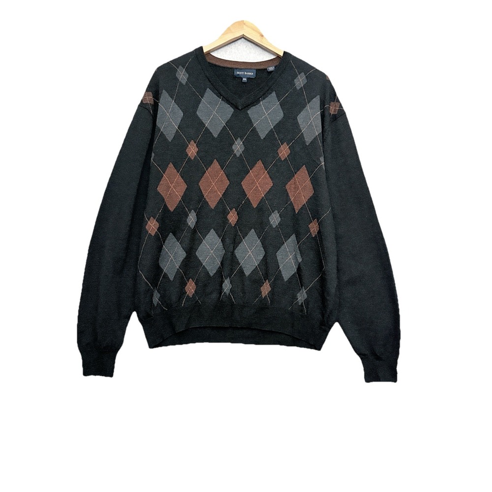 Scott Barber Men's Sweater XXL Argyle V Neck Long Sleeve 100% Merino Wool Preppy